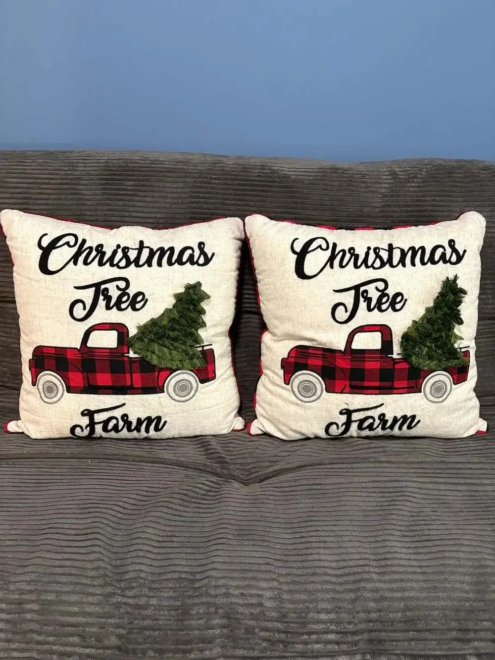 Christmas Tree Farm Buffalo Plaid Truck Throw Pillows - Set of 2